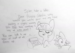 Size: 1825x1291 | Tagged: safe, artist:tjpones, character:spike, character:twilight sparkle, dear princess celestia, duo, eyes closed, pencil drawing, quill, scroll, traditional art, writing
