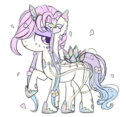 Size: 1654x1534 | Tagged: safe, artist:peachesandcreamated, oc, oc only, oc:echo essence, species:earth pony, species:pony, crystalline, earth pony oc, flower, flower in hair, hair over one eye, hoof shoes, raised hoof, simple background, white background