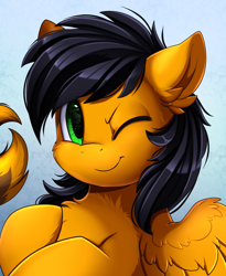 Size: 1446x1764 | Tagged: safe, artist:pridark, oc, oc only, oc:twintails, species:pegasus, species:pony, black hair, bust, chest fluff, commission, cute, ear fluff, green eyes, handsome, male, one eye closed, portrait, smiling, solo, wink