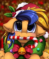 Size: 1446x1764 | Tagged: safe, artist:pridark, oc, oc:wartex shine, species:alicorn, species:pony, alicorn oc, bell, blue eyes, candy, candy cane, christmas, clothing, commission, cute, food, hat, holiday, ocbetes, pridark's christmas ponies, santa hat, solo, wreath, ych result
