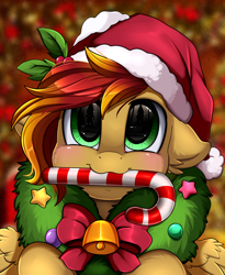 Size: 1446x1764 | Tagged: safe, artist:pridark, oc, oc:fire strike, species:pegasus, species:pony, bell, blushing, candy, candy cane, christmas, clothing, commission, cute, food, hat, holiday, ocbetes, pridark's christmas ponies, santa hat, solo, wreath, ych result
