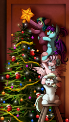 Size: 1736x3083 | Tagged: safe, artist:pridark, oc, oc only, species:bat pony, species:earth pony, species:pegasus, species:pony, bat pony oc, christmas, christmas tree, commission, decorating, decoration, female, filly, holiday, ornaments, stars, tree