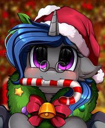 Size: 1446x1764 | Tagged: safe, artist:pridark, oc, oc:blossom, species:alicorn, species:pony, alicorn oc, bell, blushing, candy, candy cane, christmas, clothing, commission, cute, food, hat, holiday, mouth hold, ocbetes, pridark's christmas ponies, santa hat, solo, wreath, ych result