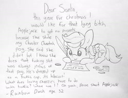 Size: 1650x1265 | Tagged: safe, artist:tjpones, character:rainbow dash, species:pegasus, species:pony, female, grayscale, hoof hold, implied applejack, letter to santa, mare, monochrome, pencil drawing, pog, pogs, quill, rainbow douche, simple background, solo, traditional art, vulgar, white background