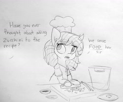 Size: 1699x1405 | Tagged: safe, artist:tjpones, oc, oc only, oc:melba toast, species:earth pony, species:pony, bipedal, chef's hat, clothing, cooking, dialogue, female, hairnet, hat, mare, offscreen character, zucchini