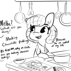 Size: 1080x1080 | Tagged: safe, artist:tjpones, oc, oc only, oc:melba toast, species:earth pony, species:pony, bipedal, cooking, dialogue, female, hair net, mare, meme, monochrome, offscreen character, open mouth, rugrats, simple background, subverted meme, white background