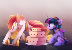 Size: 2560x1811 | Tagged: safe, artist:magnaluna, edit, character:princess celestia, character:twilight sparkle, character:twilight sparkle (alicorn), species:alicorn, species:pony, alternate hairstyle, cake, cakelestia, cropped, cute, cutelestia, duo, eating, female, food, jewelry, majestic as fuck, mare, mouth hold, regalia, twiabetes, wavy mouth