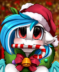 Size: 1446x1764 | Tagged: safe, artist:pridark, oc, oc only, oc:snowflake, species:bat pony, species:pony, bat pony oc, bell, blushing, candy, candy cane, christmas, clothing, commission, cute, cute little fangs, fangs, food, hat, holiday, mouth hold, ocbetes, pridark's christmas ponies, santa hat, solo, wreath, ych result