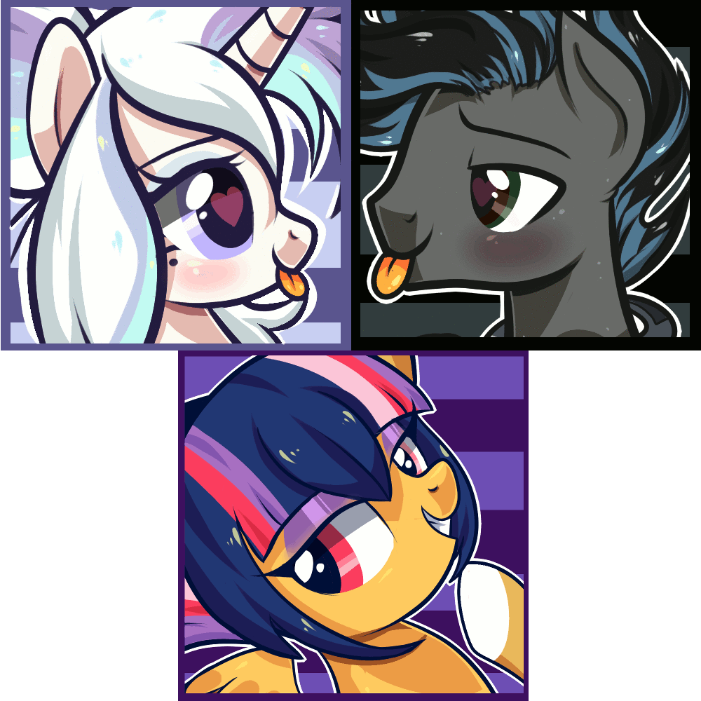 Size: 1000x1000 | Tagged: safe, artist:peachesandcreamated, oc, oc only, species:earth pony, species:pegasus, species:pony, species:unicorn, abstract background, animated, bust, earth pony oc, female, gif, grin, heart eyes, horn, male, mare, pegasus oc, simple background, smiling, stallion, tongue out, transparent background, unicorn oc, wingding eyes, wings