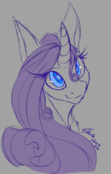 Size: 769x1200 | Tagged: safe, artist:foldeath, character:rarity, species:pony, species:unicorn, bust, curved horn, female, horn, monochrome, partial color, portrait, simple background, sketch, smiling, solo, starry eyes, stray strand, three quarter view, wingding eyes