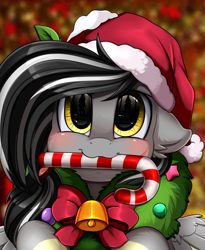 Size: 1446x1764 | Tagged: safe, artist:pridark, oc, oc:storm breaker, species:pegasus, species:pony, bell, blushing, candy, candy cane, christmas, clothing, commission, cute, food, hat, holiday, mouth hold, ocbetes, pridark's christmas ponies, santa hat, solo, wreath, ych result