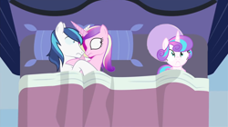 Size: 1362x761 | Tagged: safe, artist:mlp-silver-quill, artist:tina-de-love, character:princess cadance, character:princess flurry heart, character:shining armor, species:pony, after the fact, bad dream, bed, female, filly, filly flurry heart, horn, horns are touching, implied sex, male, mare, pillow, somepony sleeps next to shining armor and princess cadance, stallion, wide eyes, worried