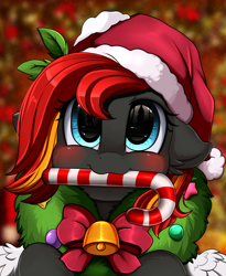 Size: 1446x1764 | Tagged: safe, artist:pridark, oc, oc:flamerunner, species:pony, bell, blushing, candy, candy cane, christmas, clothing, commission, cute, food, hat, holiday, mouth hold, ocbetes, pridark's christmas ponies, santa hat, solo, wreath, ych result
