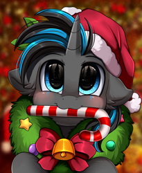 Size: 1446x1764 | Tagged: safe, artist:pridark, oc, oc:blaze, species:pony, species:unicorn, bell, blushing, candy, candy cane, christmas, clothing, commission, cute, food, hat, holiday, mouth hold, ocbetes, pridark's christmas ponies, santa hat, solo, wreath, ych result