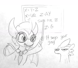 Size: 1440x1255 | Tagged: safe, artist:tjpones, character:smolder, character:spike, species:dragon, chalkboard, clothing, dragoness, duo, female, glasses, lab coat, misspelling, monochrome, necktie, pencil drawing, pointer, spike is not amused, traditional art, unamused, ur gay