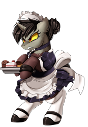 Size: 2343x3395 | Tagged: safe, artist:pridark, character:discord, species:pony, species:unicorn, fanfic:the maid of chaos, angry, bipedal, cake, clothing, commission, dessert, fanfic in the description, fanfic in the source, food, hair bun, hoof hold, maid, male, muffin, outfit, ponified, pony discord, rule 63, shoes, simple background, skirt, socks, solo, thigh highs, transparent background, tray