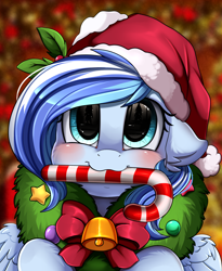 Size: 1446x1764 | Tagged: safe, artist:pridark, oc, oc only, oc:crystal bay, species:pegasus, species:pony, bell, blushing, candy, candy cane, christmas, clothing, commission, cute, food, hat, holiday, mouth hold, ocbetes, pridark's christmas ponies, santa hat, solo, wreath, ych result