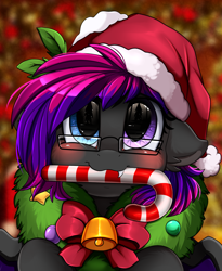Size: 1446x1764 | Tagged: safe, artist:pridark, oc, oc:slipspace perigee, species:bat pony, species:pony, bat pony oc, bell, blushing, candy, candy cane, christmas, clothing, commission, cute, food, hat, heterochromia, holiday, mouth hold, ocbetes, pridark's christmas ponies, santa hat, solo, wreath, ych result