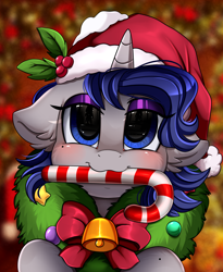 Size: 1446x1764 | Tagged: safe, artist:pridark, oc, oc:moonlit silver, species:pony, species:unicorn, bell, blushing, candy, candy cane, christmas, clothing, commission, cute, food, hat, holiday, mouth hold, ocbetes, pridark's christmas ponies, santa hat, solo, wreath, ych result
