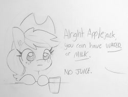 Size: 1070x814 | Tagged: safe, artist:tjpones, part of a set, character:applejack, species:earth pony, species:pony, apple, applejack's hat, black and white, clothing, cowboy hat, dialogue, female, glass, grayscale, hat, mare, monochrome, offscreen character, simple background, that pony sure does love apples, traditional art, white background