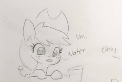 Size: 1070x720 | Tagged: safe, artist:tjpones, part of a set, character:applejack, species:earth pony, species:pony, apple, applejack's hat, black and white, clothing, cowboy hat, dialogue, female, freckles, glass, grayscale, hat, mare, monochrome, offscreen character, simple background, that pony sure does love apples, traditional art, white background