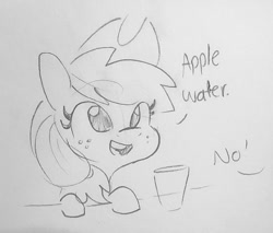 Size: 1023x870 | Tagged: safe, artist:tjpones, part of a set, character:applejack, species:earth pony, species:pony, apple, applejack's hat, black and white, clothing, cowboy hat, cute, dialogue, female, freckles, glass, grayscale, hat, jackabetes, mare, monochrome, offscreen character, simple background, that pony sure does love apples, traditional art, white background