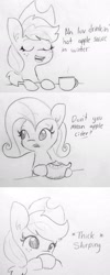 Size: 819x2048 | Tagged: safe, artist:tjpones, character:applejack, character:fluttershy, species:earth pony, species:pegasus, species:pony, apple, applesauce, comic, cup, cute, descriptive noise, drinking, duo, jackabetes, monochrome, pencil drawing, silly, silly pony, teacup, teapot, that pony sure does love apples, traditional art, who's a silly pony