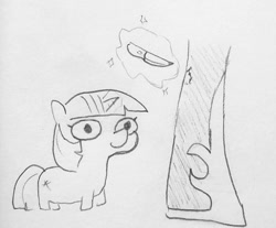 Size: 1216x1008 | Tagged: safe, artist:tjpones, part of a set, character:nightmare moon, character:princess luna, character:twilight sparkle, species:alicorn, species:pony, species:unicorn, episode:friendship is magic, g4, my little pony: friendship is magic, female, imminent pain, knife, magic, mare, monochrome, pencil drawing, simple background, size difference, sketch, smol, telekinesis, this will not end in death, traditional art, twiggie, white background