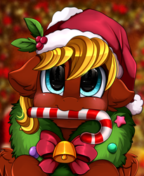 Size: 1446x1764 | Tagged: safe, artist:pridark, oc, oc only, species:pegasus, species:pony, bell, blushing, candy, candy cane, christmas, clothing, commission, cute, food, hat, holiday, mouth hold, ocbetes, pridark's christmas ponies, santa hat, solo, wreath, ych result