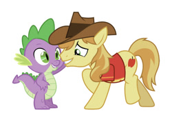 Size: 750x493 | Tagged: safe, artist:deratrox, artist:glessmlp, edit, editor:undeadponysoldier, character:braeburn, character:spike, species:dragon, about to kiss, clothing, cowboy hat, cute, gay, hat, imminent kissing, interspecies, male, shipping, shirt, simple background, spikeburn, this will end in kisses, this will end with a kiss, white background