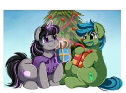 Size: 3430x2524 | Tagged: safe, artist:pridark, oc, oc only, oc:lupin quill, oc:magna-save, species:earth pony, species:pony, species:unicorn, episode:hearth's warming eve, g4, my little pony: friendship is magic, bhm, christmas, christmas tree, clothing, fat, female, gift box, gift giving, holiday, jacket, magic, male, mare, present, stallion, tree