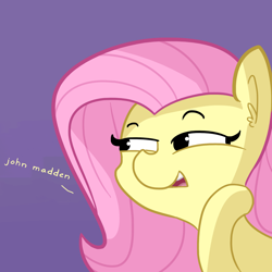 Size: 1280x1280 | Tagged: safe, artist:tjpones, edit, character:fluttershy, bust, dialogue, dialogue edit, john madden, lidded eyes, meme, moonbase alpha, purple background, simple background, solo, the pony machine learning project, youtube link