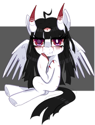 Size: 1107x1453 | Tagged: safe, artist:peachesandcreamated, oc, oc only, species:pegasus, species:pony, blood, devil horns, fangs, heterochromia, pegasus oc, simple background, smiling, solo, swirly eyes, third eye, transparent background, wings