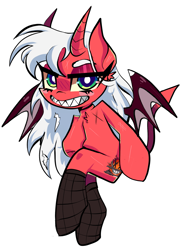 Size: 1611x2103 | Tagged: safe, artist:peachesandcreamated, oc, oc only, oc:mayniacal, species:demon pony, amputee, clothing, demon, devil horns, fangs, fishnets, grin, monster mare, original species, sharp teeth, simple background, sitting, smiling, socks, solo, stockings, teeth, thigh highs, white background