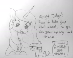 Size: 1809x1440 | Tagged: safe, artist:tjpones, part of a set, character:princess celestia, character:twilight sparkle, species:alicorn, species:pony, species:unicorn, black and white, cute, dialogue, female, grayscale, mare, momlestia fuel, monochrome, simple background, sketch, traditional art, twiggie, vitamins, white background