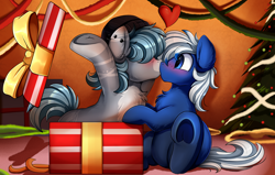 Size: 3862x2455 | Tagged: safe, artist:pridark, oc, oc only, species:earth pony, species:pony, beanie, blushing, chest fluff, christmas, christmas tree, clothing, commission, cute, decoration, hair over eyes, hat, heart, high res, holiday, kissing, ocbetes, present, tree, underhoof