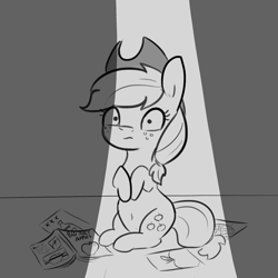 Size: 2250x2250 | Tagged: safe, artist:tjpones, character:applejack, species:earth pony, species:pony, apple, applejack's hat, clothing, cowboy hat, female, food, freckles, hat, lewd, magazine, mare, monochrome, simple background, that pony sure does love apples