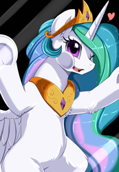 Size: 2343x3395 | Tagged: safe, artist:pridark, character:princess celestia, species:alicorn, species:pony, against glass, cheek squish, crown, cute, cutelestia, female, glass, heart, high res, jewelry, leg fluff, mare, one eye closed, peytral, regalia, silly, solo, squishy cheeks, wink