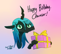 Size: 1335x1188 | Tagged: safe, artist:dsp2003, artist:tjpones, character:queen chrysalis, species:changeling, birthday gift art, bust, changeling queen, collaboration, cute, cutealis, dialogue, female, gradient background, happy birthday, hnnng, hoof hold, missing accessory, portrait, present, signature