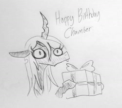Size: 1335x1188 | Tagged: safe, artist:tjpones, character:queen chrysalis, species:changeling, birthday, birthday gift, changeling queen, fangs, female, monochrome, present, simple background, sketch, traditional art, white background