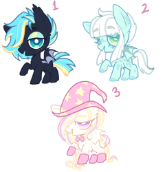 Size: 774x807 | Tagged: safe, artist:peachesandcreamated, oc, oc only, oc:electric night, oc:star card, oc:zombae, species:bat pony, species:pony, bat pony oc, clothing, colored hooves, eyebrows, eyebrows visible through hair, hair over one eye, hat, makeup, raised hoof, simple background, white background, wizard hat