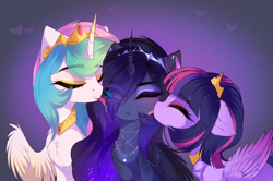 Size: 1920x1275 | Tagged: safe, artist:magnaluna, character:princess celestia, character:princess luna, character:twilight sparkle, character:twilight sparkle (alicorn), species:alicorn, species:pony, ship:twiluna, g4, :<, blushing, drool, eye clipping through hair, eyes closed, face licking, female, floppy ears, heart, jewelry, kiss on the cheek, kiss sandwich, kissing, lesbian, licking, mare, necklace, not sure if want, one eye closed, platonic kiss, regalia, royal sisters, shipping, tongue out