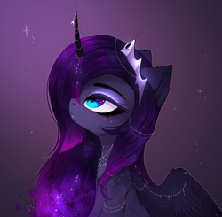 Size: 1920x1880 | Tagged: safe, artist:magnaluna, character:princess luna, species:alicorn, species:pony, chest fluff, crown, cute, ear fluff, ethereal mane, female, galaxy mane, horn, horn jewelry, jewelry, looking up, lunabetes, mare, profile, regalia, solo, spread wings, wing fluff, wing jewelry, wings