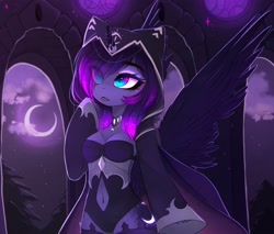 Size: 4096x3490 | Tagged: safe, artist:magnaluna, character:princess luna, species:alicorn, species:anthro, species:pony, belly button, breasts, cloak, clothing, crescent moon, cute, eye clipping through hair, female, hood, hoof shoes, lunabetes, mare, moon, navel cutout, night, sky, solo, spread wings, stars, wings