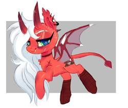 Size: 1070x904 | Tagged: safe, artist:peachesandcreamated, oc, oc only, oc:mayniacal, species:demon pony, species:pony, abstract background, amputee, clothing, demon, devil horns, female, makeup, mare, monster mare, original species, smiling, socks, solo