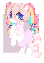 Size: 450x635 | Tagged: safe, artist:peachesandcreamated, oc, oc only, unnamed oc, species:earth pony, species:pony, abstract background, blushing, clothing, cute, earth pony oc, garters, miniskirt, multicolored hair, nervous, pigtails, rainbow hair, rearing, shy, skirt, socks, solo, stockings, thigh highs, ych result