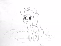 Size: 1920x1440 | Tagged: safe, artist:tjpones, character:applejack, species:earth pony, species:pony, chest fluff, cute, dirty, ear fluff, female, jackabetes, mare, messy mane, monochrome, smiling, solo, sweat, traditional art, twig