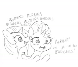 Size: 1599x1389 | Tagged: safe, artist:tjpones, character:starlight glimmer, character:twilight sparkle, species:pony, cute, dialogue, duo, female, mare, monochrome, open mouth, that pony sure does love burgers, traditional art, twiabetes, twilight burgkle