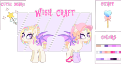 Size: 1500x800 | Tagged: safe, artist:peachesandcreamated, oc, oc only, oc:wish craft, species:bat pony, species:pony, bat pony oc, clothing, female, hat, magic wand, mare, multicolored hair, rainbow hair, reference sheet, simple background, staff, transparent background