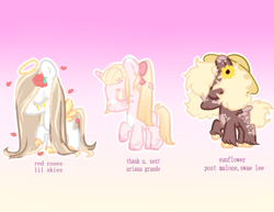 Size: 500x385 | Tagged: safe, artist:peachesandcreamated, oc, oc only, species:earth pony, species:pegasus, species:pony, species:unicorn, clothing, colored hooves, earth pony oc, eyes closed, female, flower, flower in hair, gradient background, halo, hat, hoof polish, horn, mare, nail polish, pegasus oc, raised hoof, sun hat, toenail polish, unicorn oc, unshorn fetlocks, wings